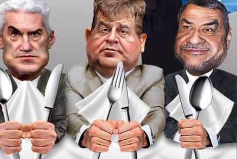 Ей ги наште трима "патриоти", патриоти, патриоти, пълни иди@ти! Краси, Волен и Валери, е нема такива лицемери! От приказките им празни, бедният народ се дразни, коалиция Орел, Рак и Щука, айде бегайте...