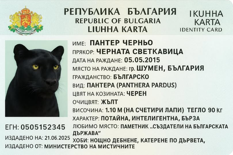 Име: ПАНТЕР ЧЕРНЬО. Прякор: черната светкавица. Дата на раждане: 05.05.2015. МЯСТО НА РАЖДАНЕ: гр. ШУМЕН, БЪЛГАРИЯ. Гражданство: българско. Вид: ПАНТЕРА. Цвят на козината: черен. Очи цвят: ЖЪЛТ. ВИСОЧ