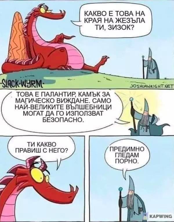 - Какво е това на края на жезъла ти, Зизок? - Това е палантир. Камък за магическо виждане. Само наи-великите вълшебници могат да го използват безопасно. - Ти какво правиш с него? - Предимно гледам...