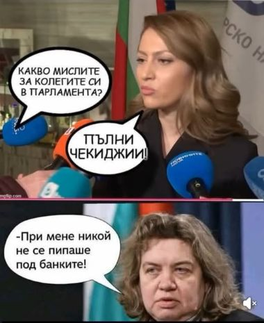 - Какво мислите колегите си в парламента?
- Пълни чекиджии!
- При мене никой не се пипаше под банките!