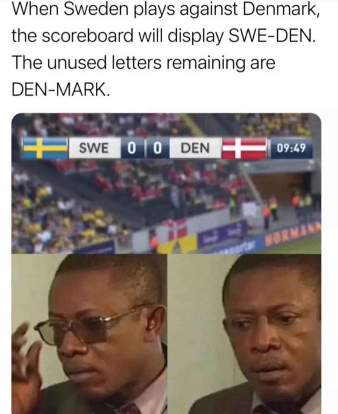 Когато играят Швеция(Sweden) и Дания (Denmark) на таблото ще пише SweDen. Буквите, които не се ползват, ще образуват Den-Mark