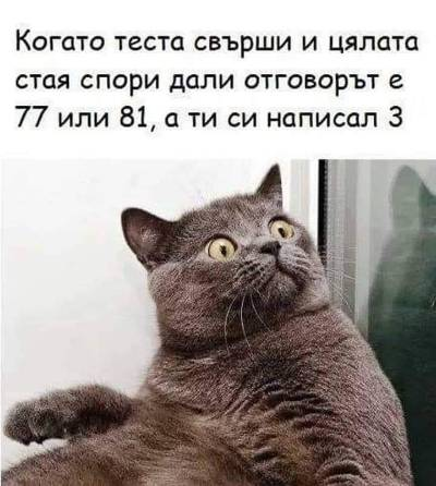 Когато теста свърши и цялата стая спори дали отговорьт е 77 или 81, а ти си написал 3