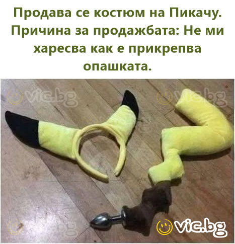 Продава се костюм на Пикачу. Причина за продажбата: Не ми харесва как е прикрепва опашката.