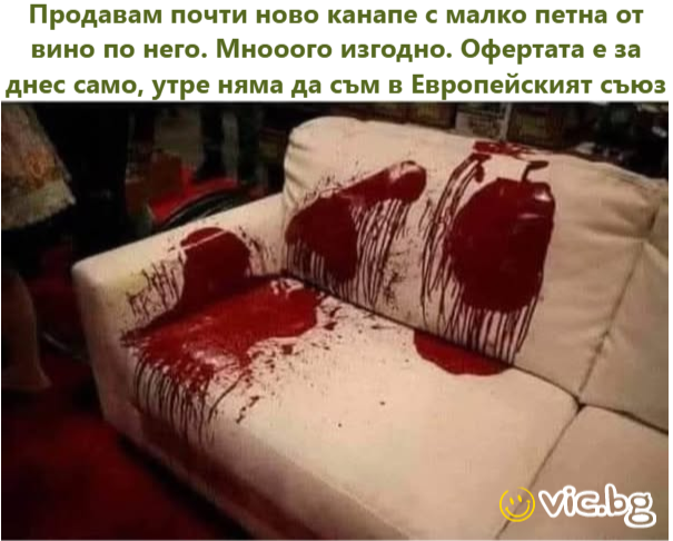 Продавам почти ново канапе с малко петна от вино по него. Мнооого изгодно. Офертата е за днес само, утре няма да съм в Европейският съюз