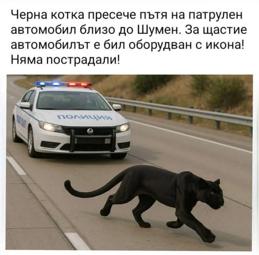 Черна котка пресече пътя на патрулен автомобил близо до Шумен. За щастие автомобилът е бил оборудван с икона! Няма пострадали!