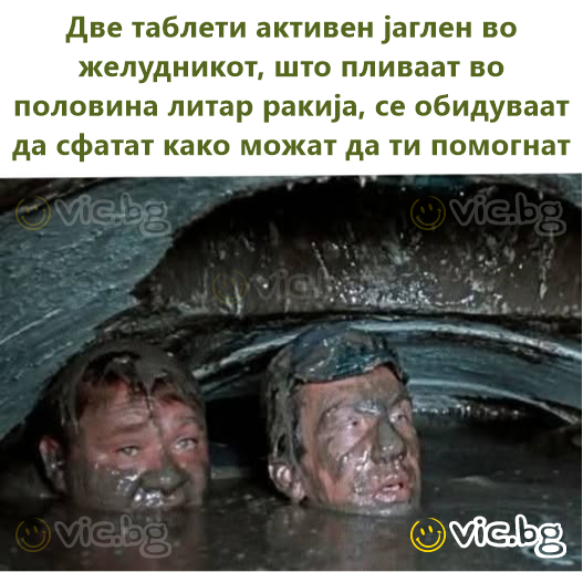 Две таблети активен јаглен во желудникот, што пливаат во половина литар ракија, се обидуваат да сфатат како можат да ти помогнат