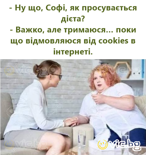 - Ну що, Софі, як просувається дієта? - Важко, але тримаюся… поки що відмовляюся від cookies в інтернеті.