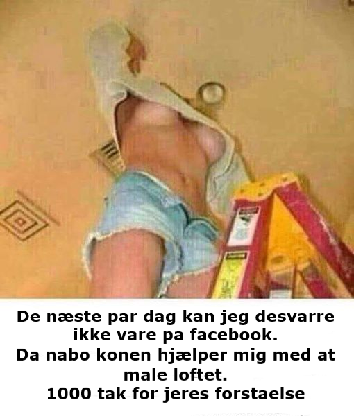 De næste par dag kan jeg desvarre ikke vare pa facebook. Da nabo konen hjælper mig med at male loftet. 1000 tak for jeres forstaelse
