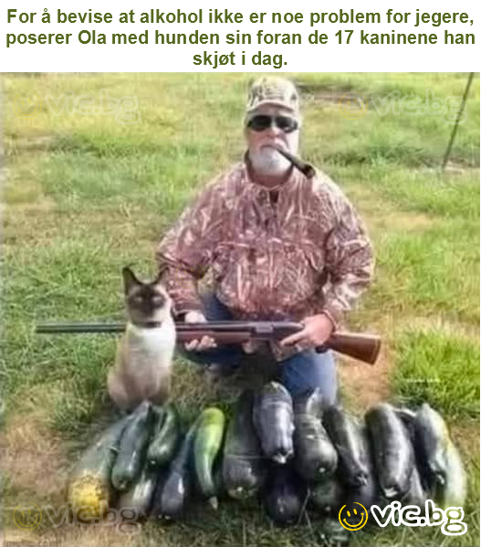 For å bevise at alkohol ikke er noe problem for jegere, poserer Ola med hunden sin foran de 17 kaninene han skjøt i dag.
