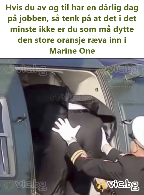 Hvis du av og til har en dårlig dag på jobben, så tenk på at det i det minste ikke er du som må dytte den store oransje ræva inn i Marine One