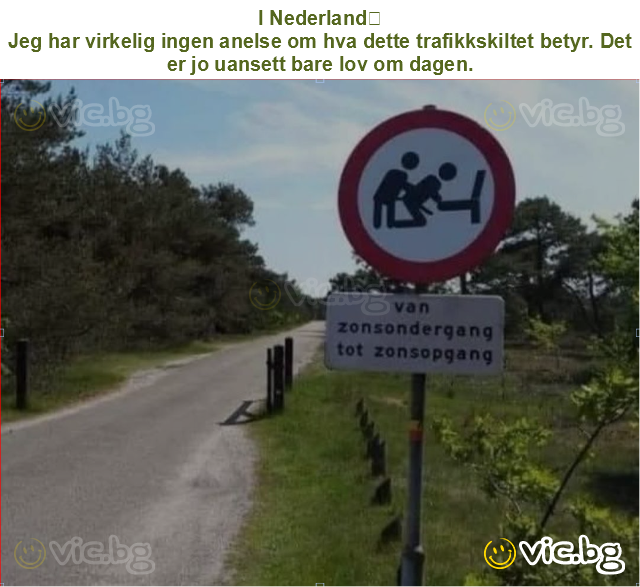 I Nederland
Jeg har virkelig ingen anelse om hva dette trafikkskiltet betyr. Det er jo uansett bare lov om dagen.