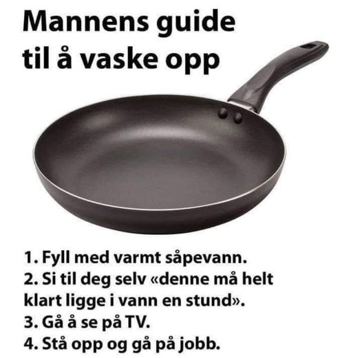 Mannens guide til à vaske opp. 1. Fyll med varmt säpevann. 2. Si til deg selv «denne mà helt klart ligge i vann en stund». 3. Gà ả se pả TV. 4. Stả opp og gà pả jobb.