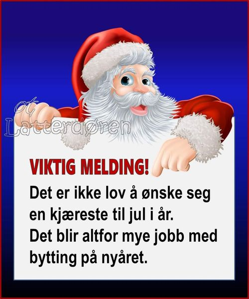 Viktig melding! Det er ikke lov à onske seg en kjæreste til jul i ảr. Det blir altfor mye jobb med bytting pả nyaret.